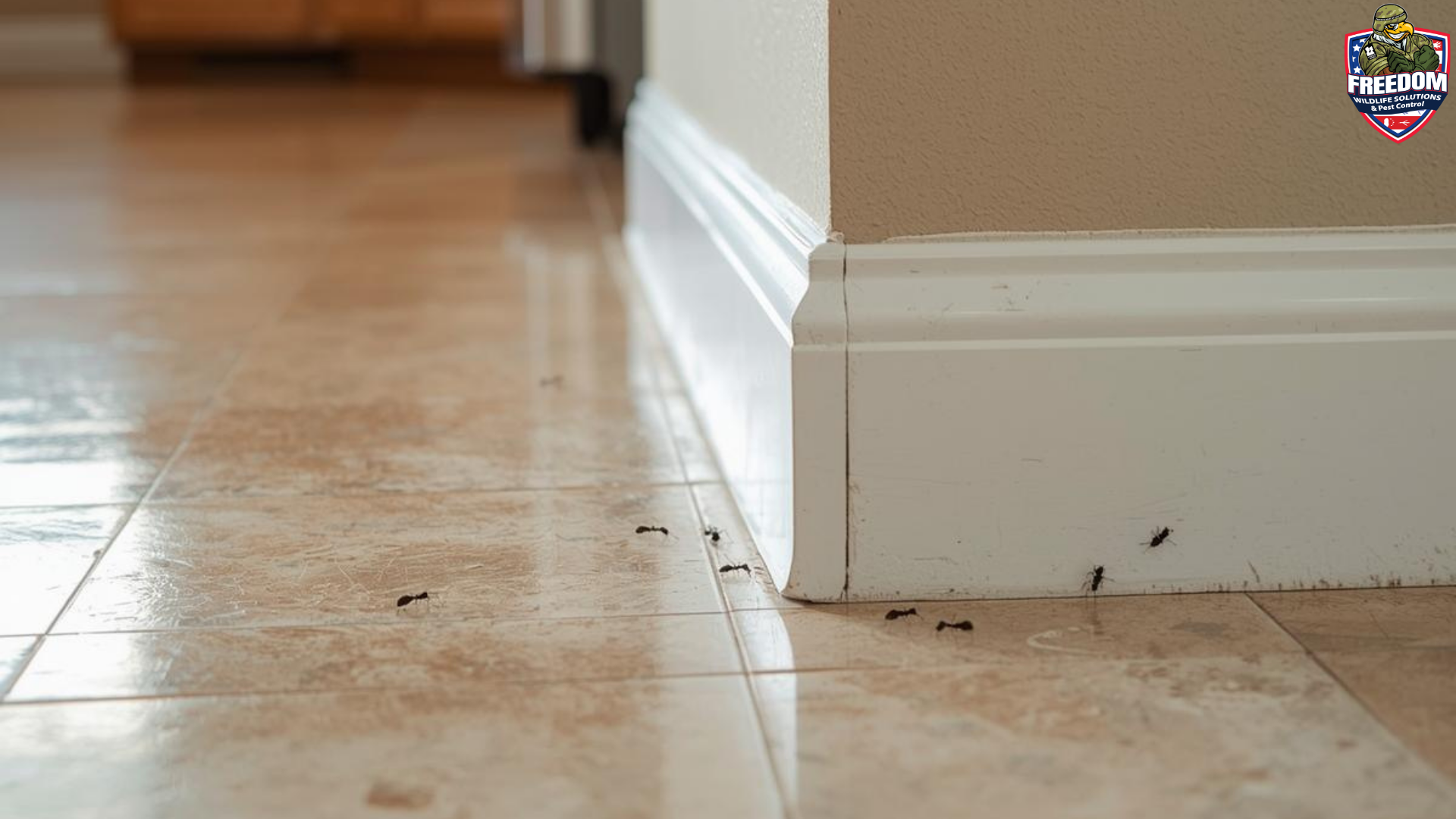 Ants walking along a baseboard inside a clean home, showing a common indoor pest problem homeowners experience.