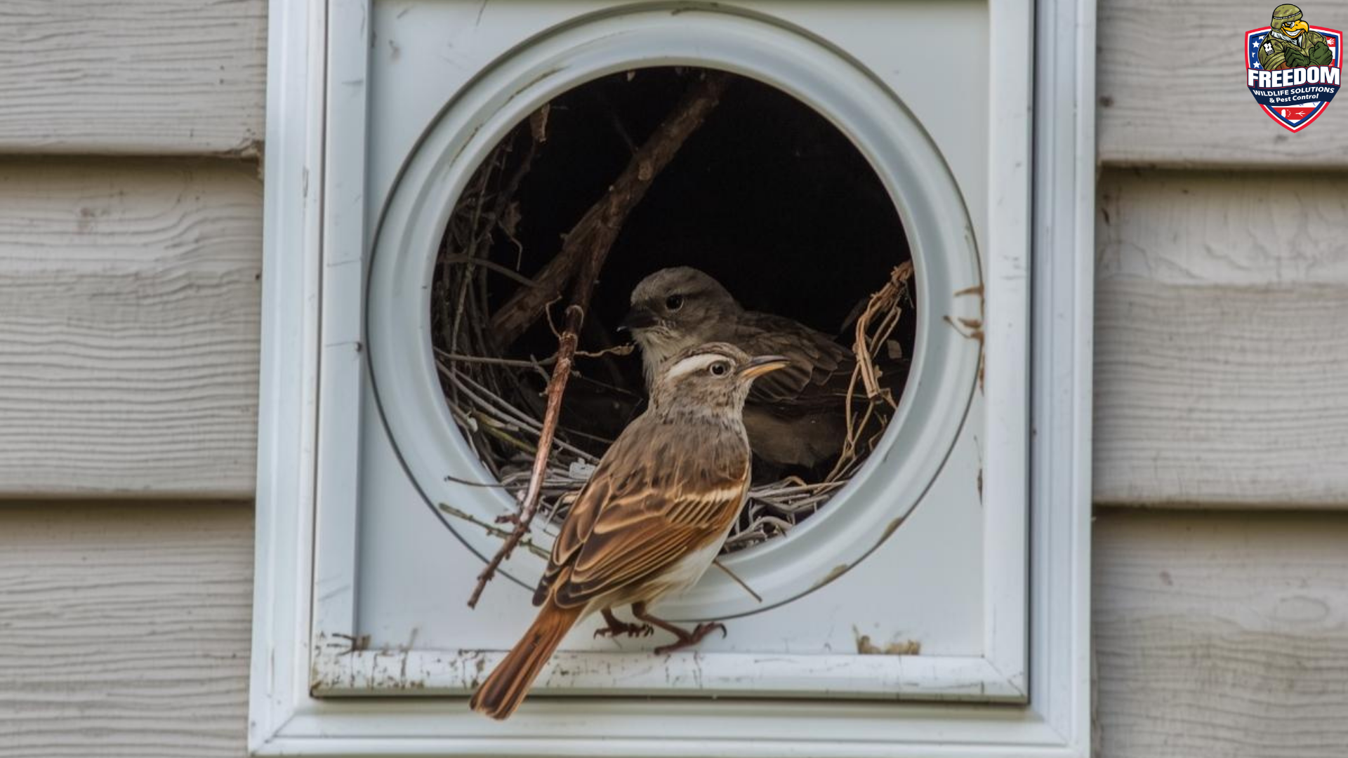Bird nesting inside a residential dryer vent, a common wildlife issue for homeowners in Knightdale, NC.